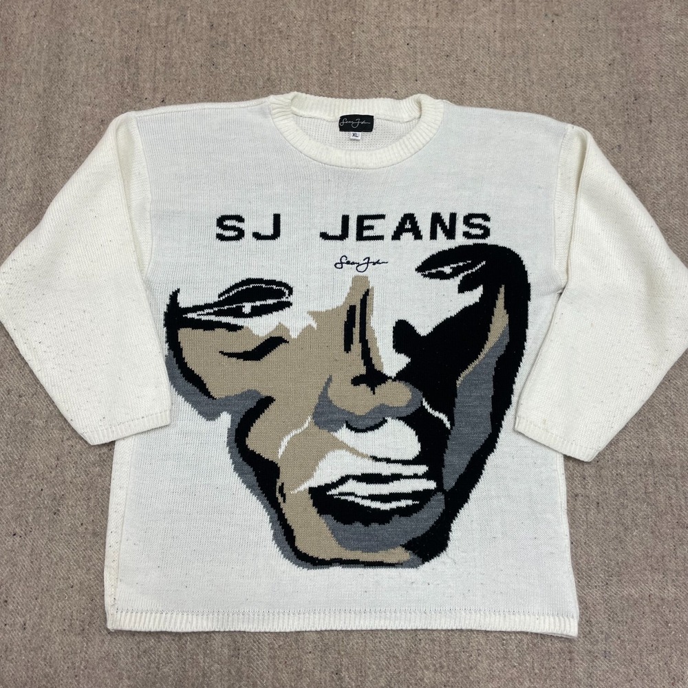 vintage sean jean sweater mens xl white 2000s y2k face